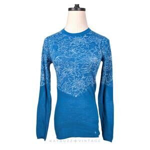 Smartwool Intraknit 200 Long Sleeve Top S Blue Wool Blend Base Layer Floral